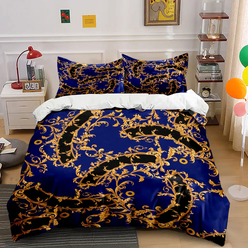 Golden floral black-blue background Print Soft Comfortable Duvet Cover Bedding Set Included 1*Duvet Cover 2*Pillowcases