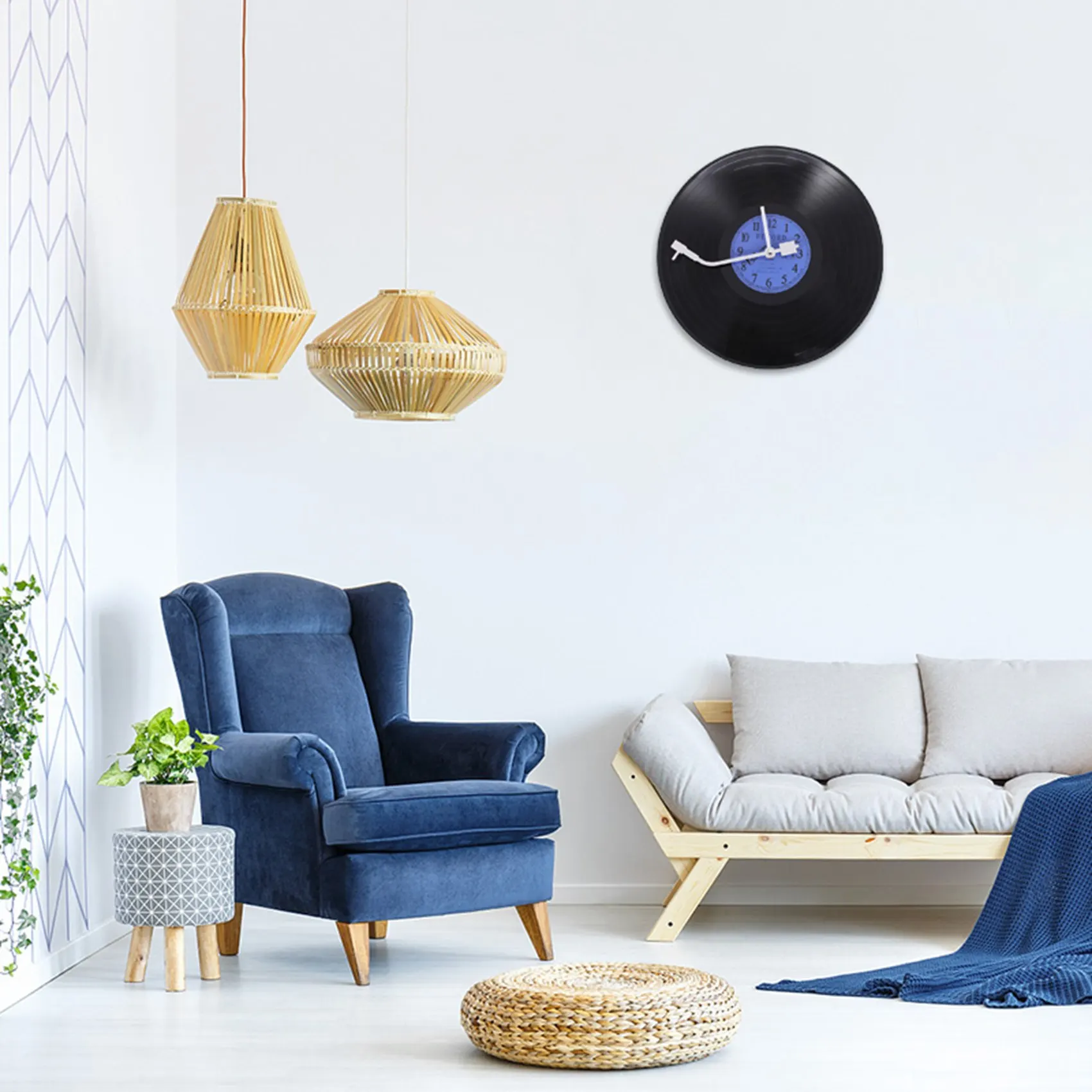 Quartz Round Retro Wall Clock Art Design Kitchen Living Room Home Decoration Vinyl Record Clock Blue + Black Plastic HOT