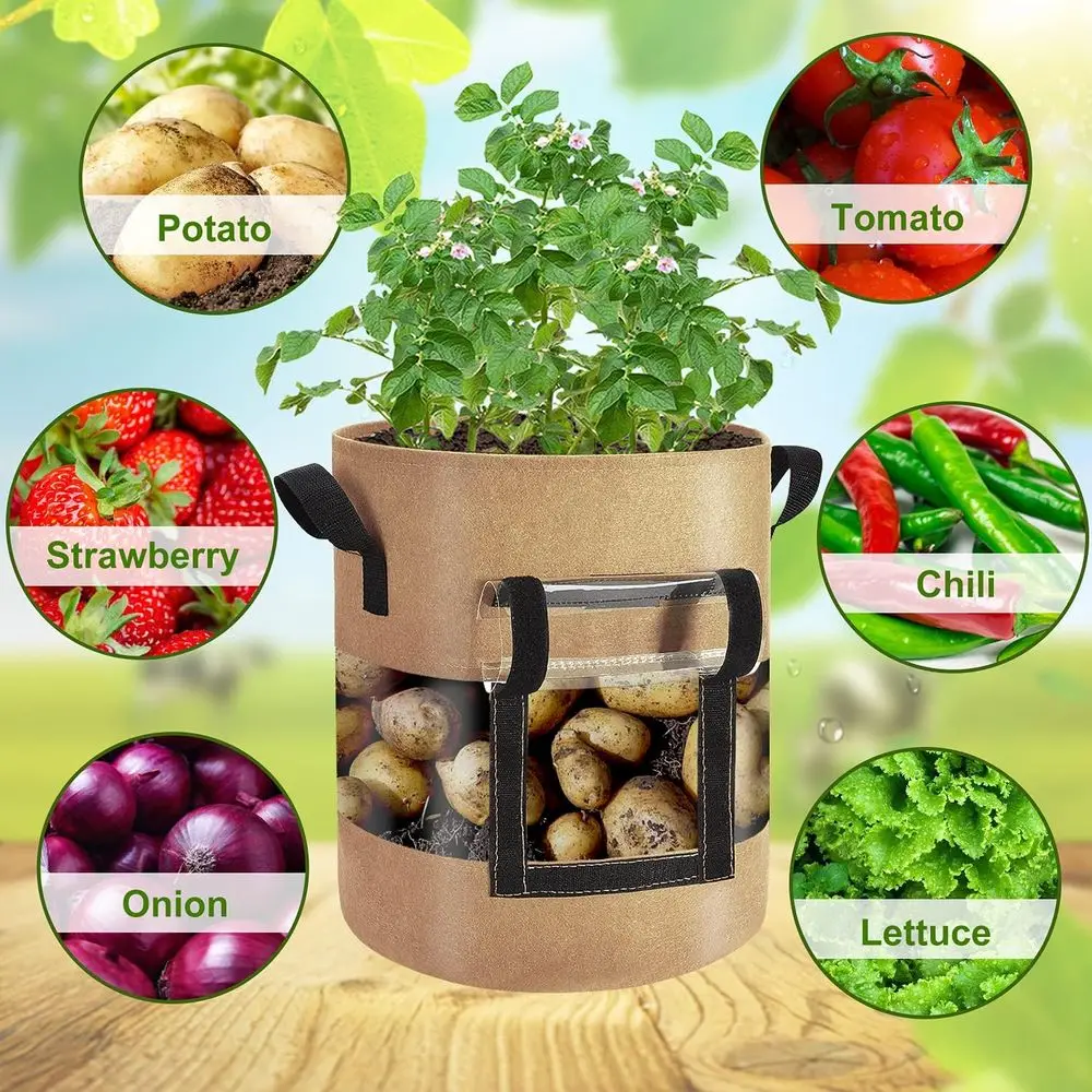 7 Gallon with Lap Window 3-Pack, Heavy Duty Thickened Aeration Nonwoven Fabric Pots with Handles, 3-Pcs Plant Labels & Lens Hood