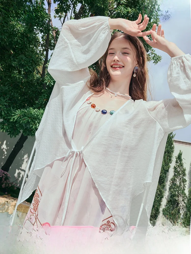 

Asymmetric Hem Pearl Buttoned Lantern Sve Chiffon Open Cardigan Women's Faion Summer New Sle Versatile Loose Fit Cardigan