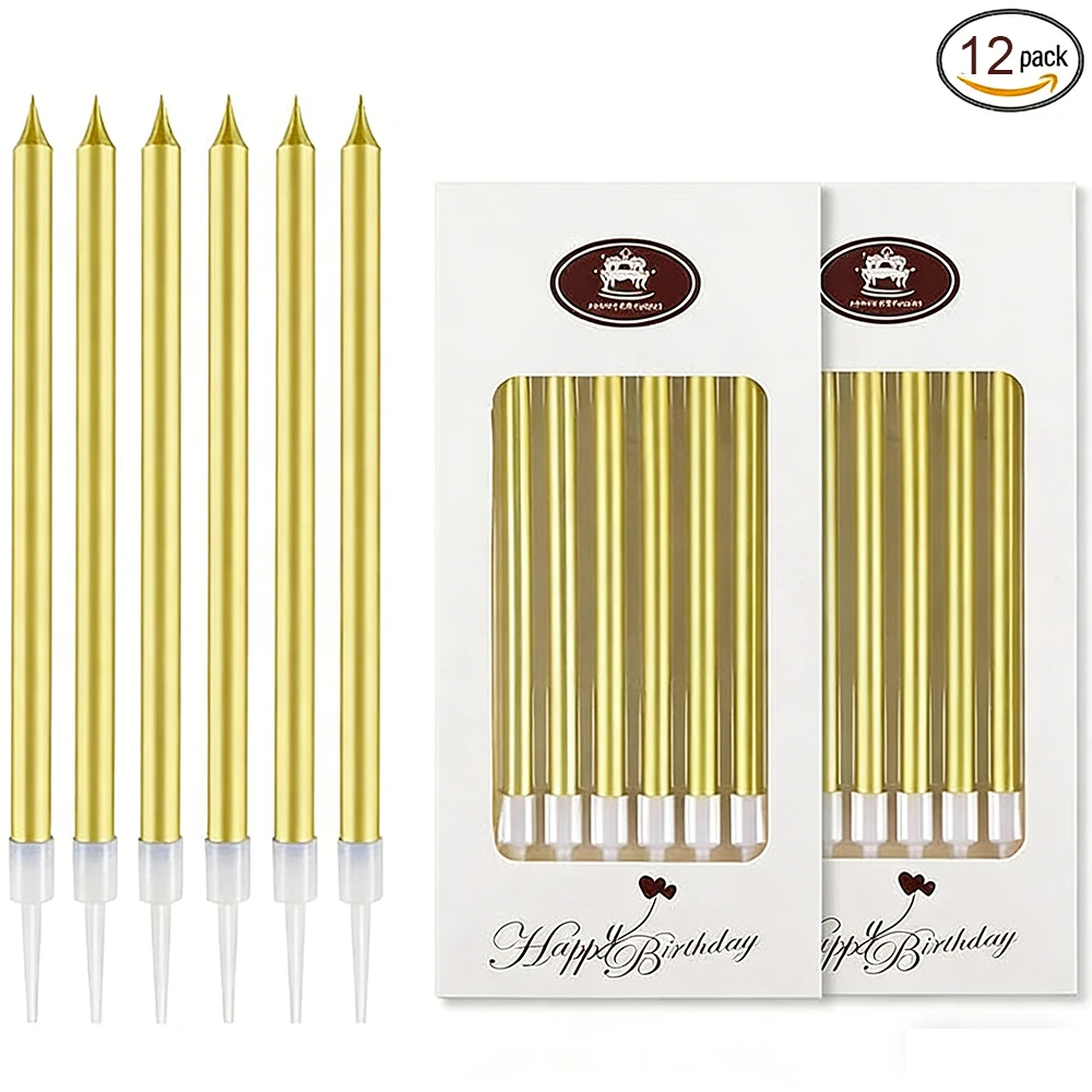 12er-Pack Lange Dünne Geburtstagskerzen Langsam Brennende Goldene Tortenkerzen für Geburtstag Hochzeit Glücksparty Dekoration