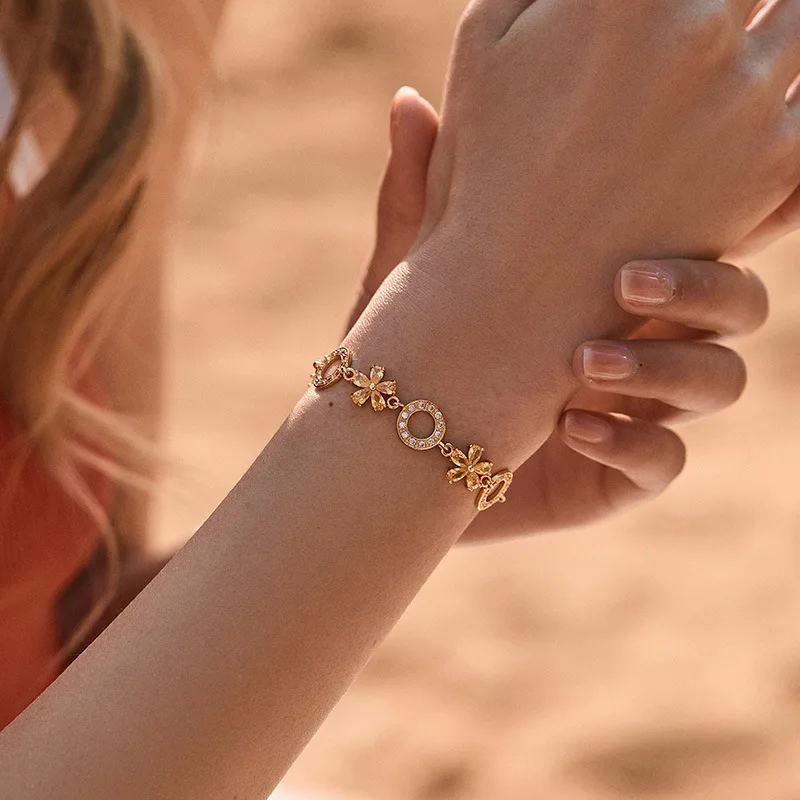 

Copper Plated 18K Gold Beach Resort Style Vintage Stained Glass Diamond Flower Accessory Bracelet Women Popular Jewelry