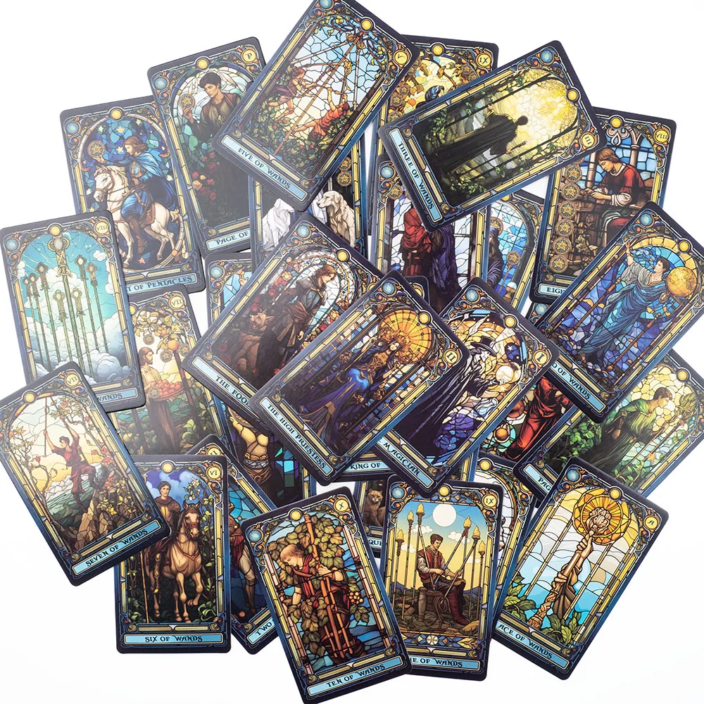 Buntglas-Tarot, ein 78-Karten-Deck, Freizeit, Unterhaltung, Spielkarte, Familientreffen, Wahrsagerei, Brett, Spiele, 10,3 x 6 cm – Detail 9