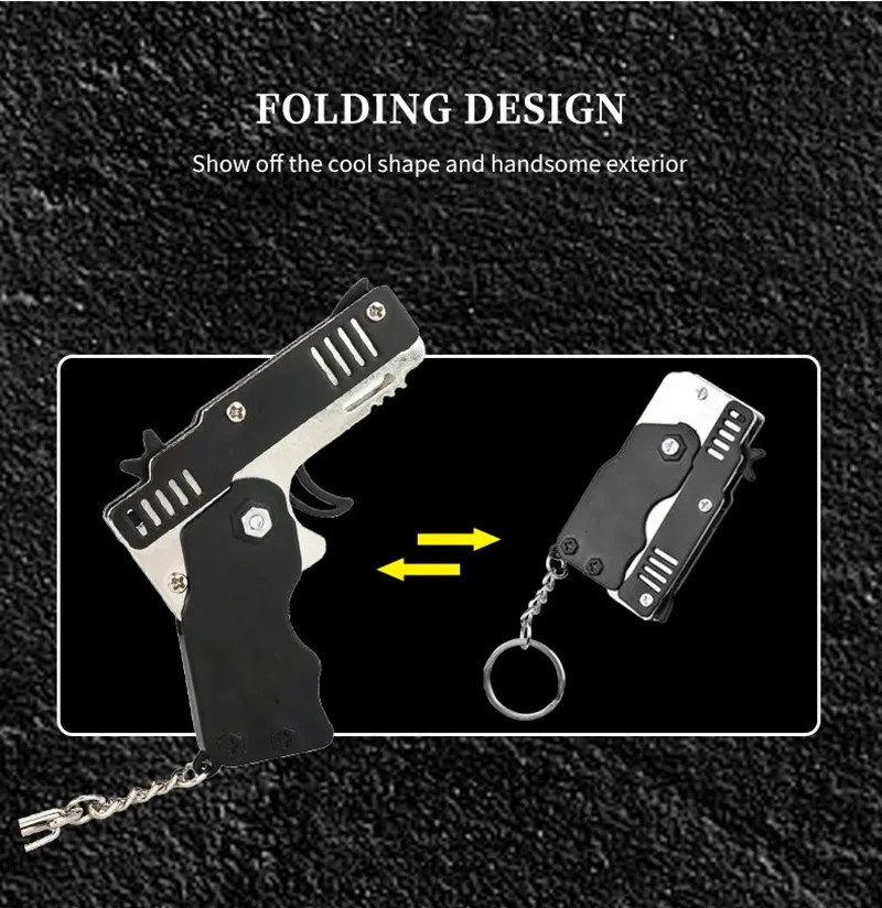 Mini pistola de metal com elástico para crianças Pistola dobrável divertida Pingente de charme chave Presentes de aniversário Brinquedos ao ar livre Jogo de festa 1pc