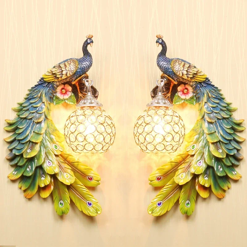 

Creative Retro Aesthetic Resin Art Peacock Wall Lamp Restaurant Corridor Bedroom Bedside European Wall Lamp Gorgeous Personality