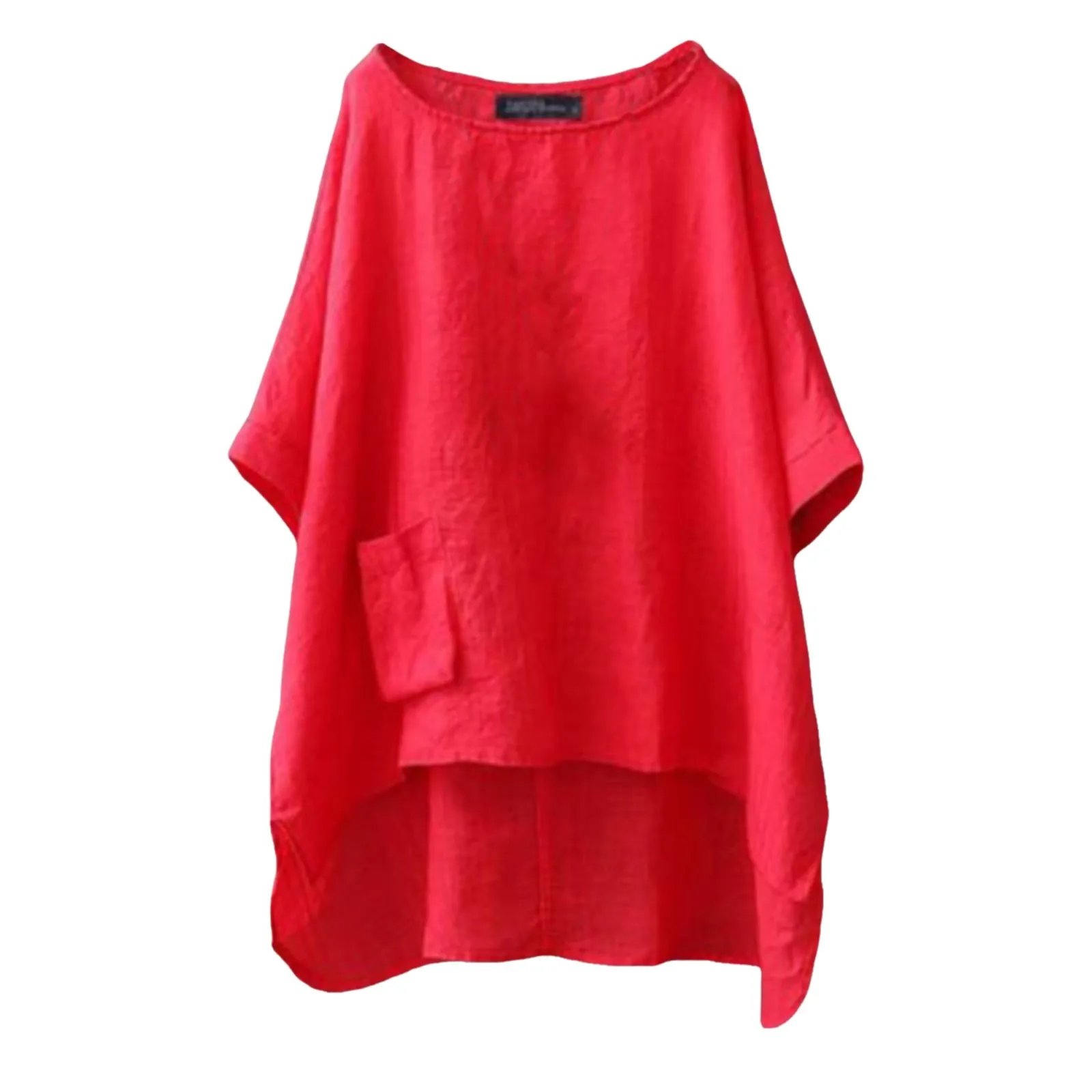 الصيف عادية القطن قميص كتان الصلبة كبيرة مستديرة الرقبة نصف كم التصحيح جيب عالية منخفضة هيم بلوزة للنساء kamas e blusas