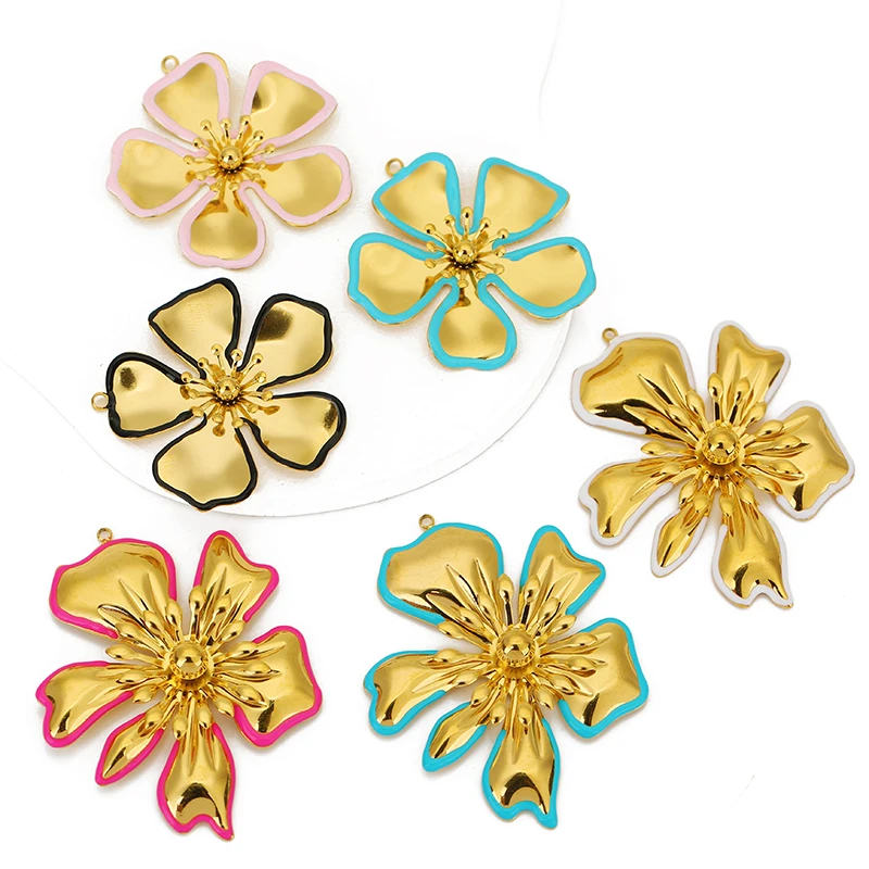 2pcs Stainless Steel Gold Plated Enamel Big Flower Charm Pendants for DIY Necklace Earrings Jewerly Bracelets Making Supplies