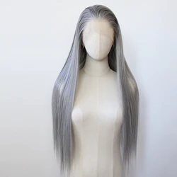 Peluca sintética con malla frontal, pelo largo y liso, prearrancado, resistente al calor, uso diario, Cosplay, color gris abuela