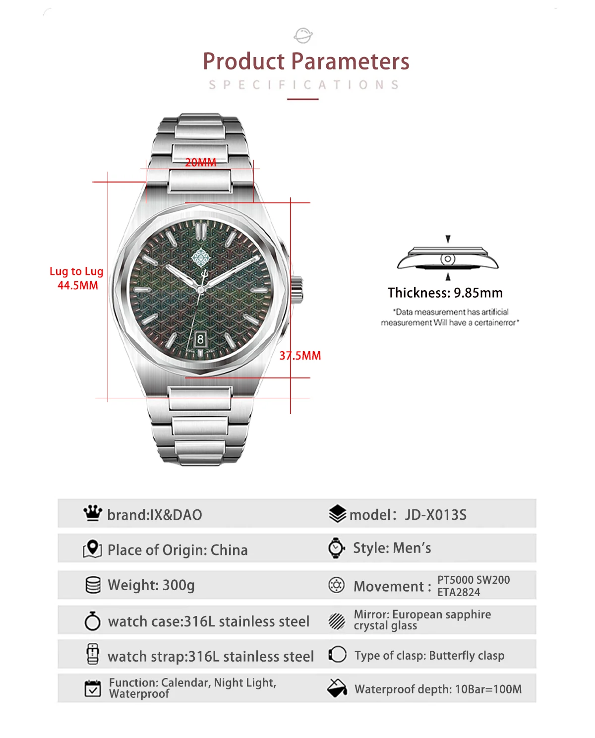 IX&DAO 2026 New Warrior 37mm Men's Automatic Mechanical Watch PT5000 Movement Sapphire Stainless Steel Waterproof 10Bar BGW9
