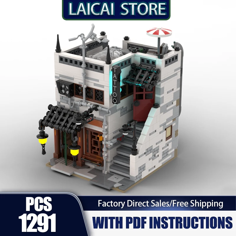 City Street View Model Moc Building Bricks Tattoo Parlour / Traditional Chinese Medicine Shop Technology Modular DIY Block Toys