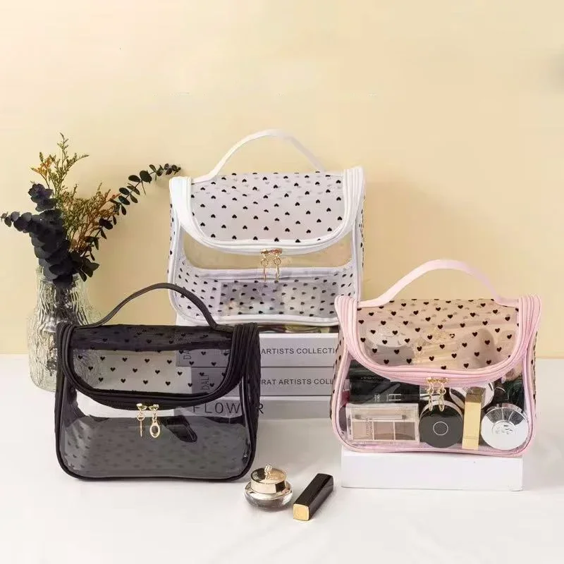 Clear Mesh Design Travel Makeup Bag Large Capacity Cosmetic Organizer with Handle Nylon Makeup Pouch Available