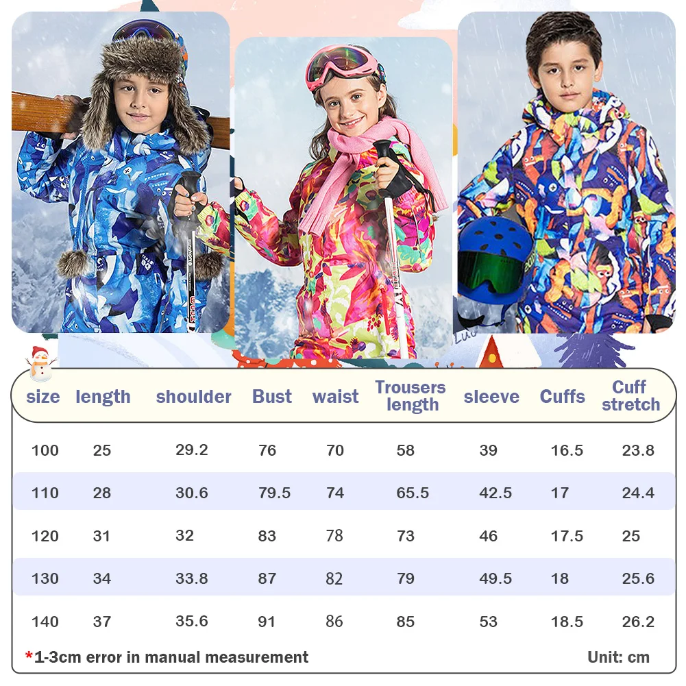 One-Piece Kids Skisuits Hooded Waterproof Windproof Snowboard Boys Snowsuit Winter Skiing Sports Wear Print Overalls Jumpsuits