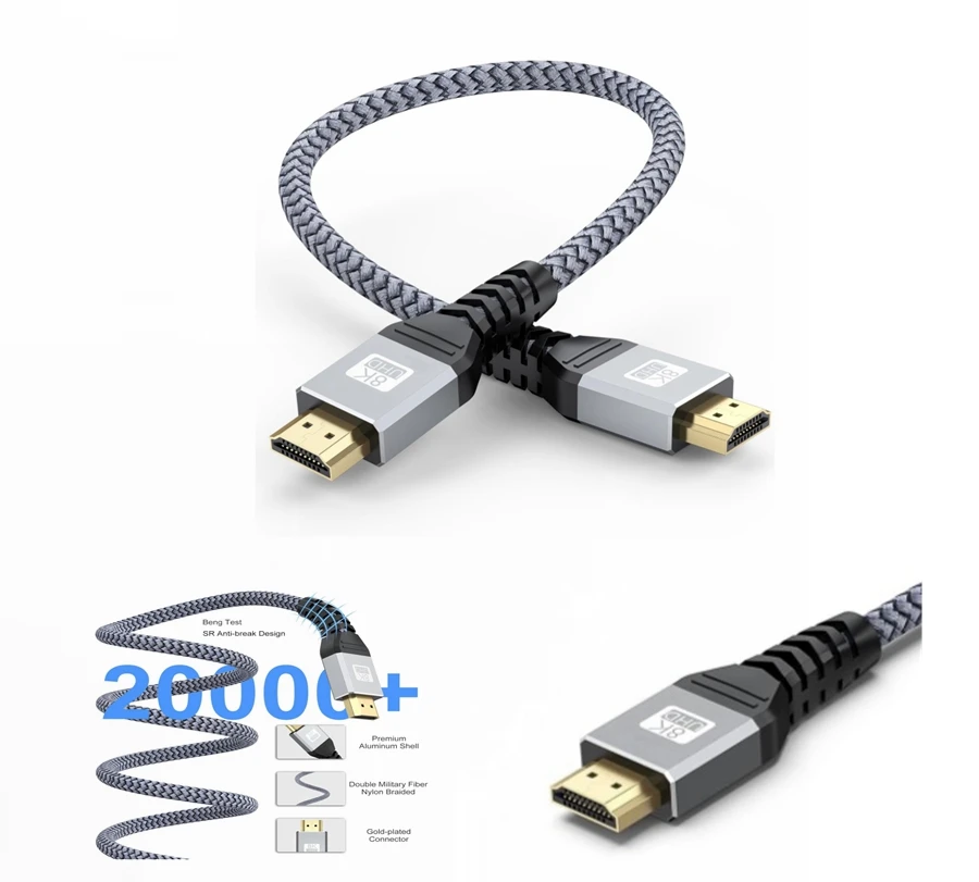 10K 8K HDMI 2.1 Certified 48Gbps Ultra High Speed, 8K 60Hz, 4K 120Hz 240Hz 165Hz 144Hz Braided HDMI Cord for Netflix Roku TV PC
