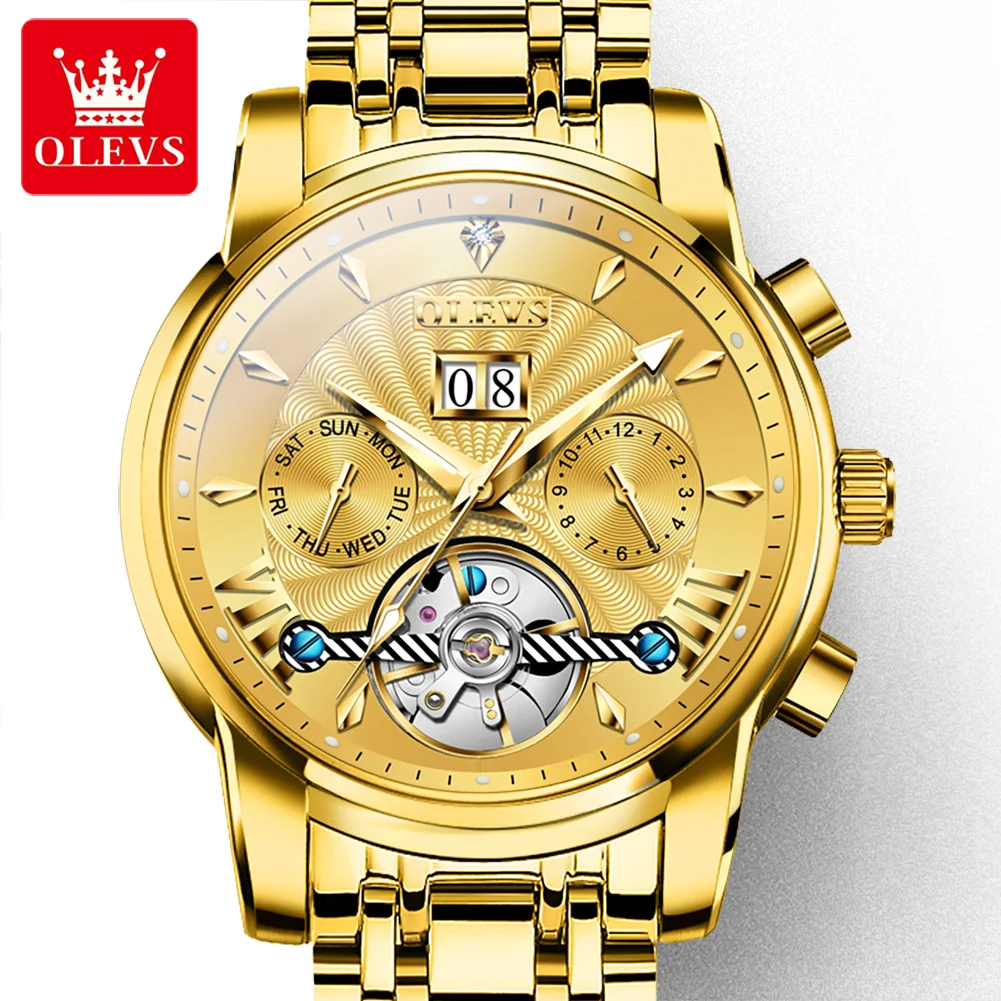 OLEVS Luxury Top Brand Watch for Men Automatic Mechanical Watches Waterproof Stainless Steel Skeleton Design Man Wristwatch