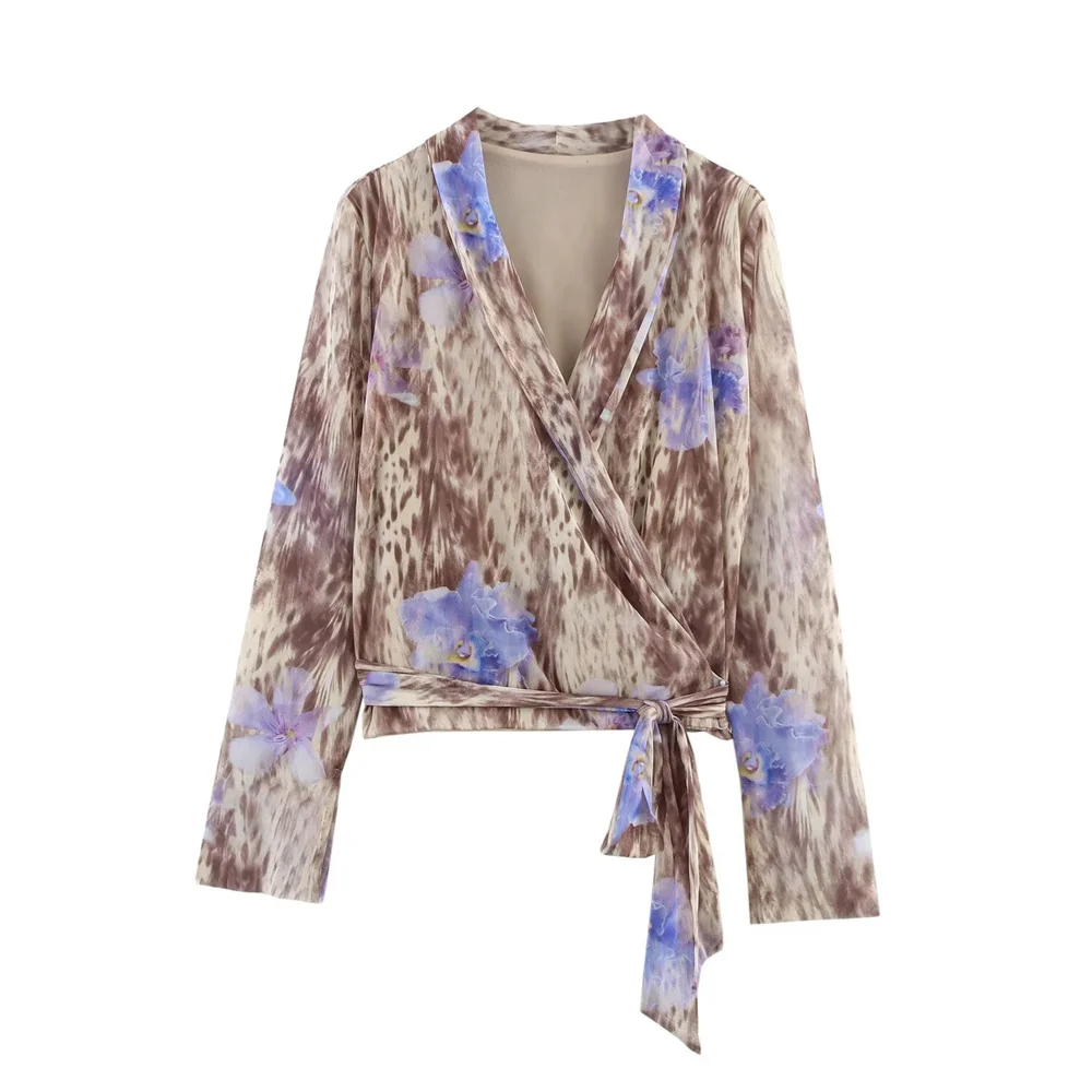 Women's V-neck Printed Silk Mesh Double breasted Top and Pants Spring/Summer New Women's Clothing