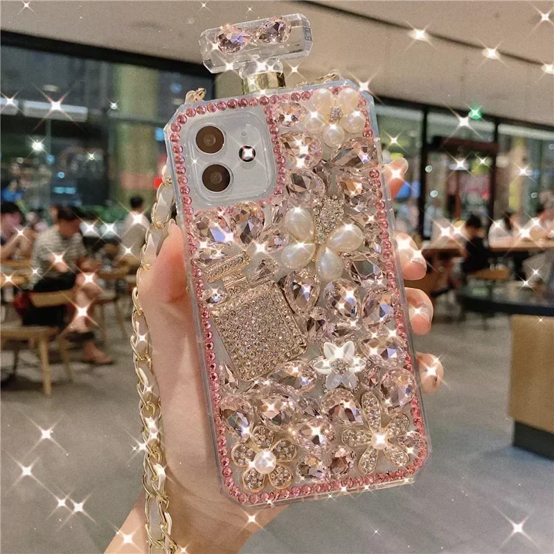 Handmade Jewelled Perfume Bottle Case for iPhone 15 14 13 17 Pro 16Plus MAX, Anti-Scratch Cover with Pumpkin Carriage Bear Strap