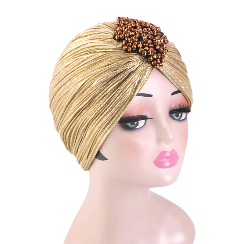 New Women Luxury Metallic Shinny Ruffle Turban Muslim Head Wrap With Beaded Flower Lady Chemo Bandanas Hijab Hair Accessories