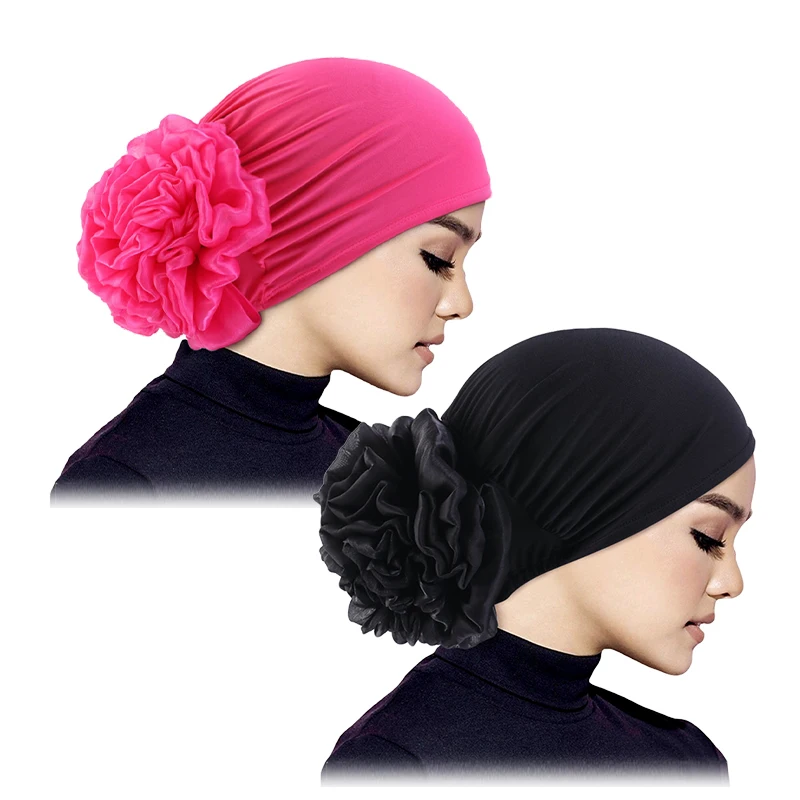 2PCS Women\'s Hijabs Big Flower Turban Hair Accessories Elastic Cloth Hair Bands Hat Beanie Ladies Muslim Hair Loss Scarf Cap