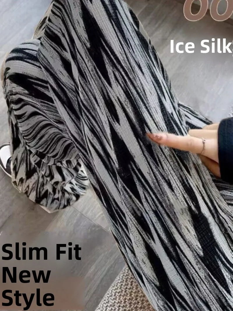 Tie-Dye Slim Wide Leg Pants Women Summer Thin Ice Silk Drape Loose Casual Straight Leg Trousers Trendy High Waist Nine-Piece
