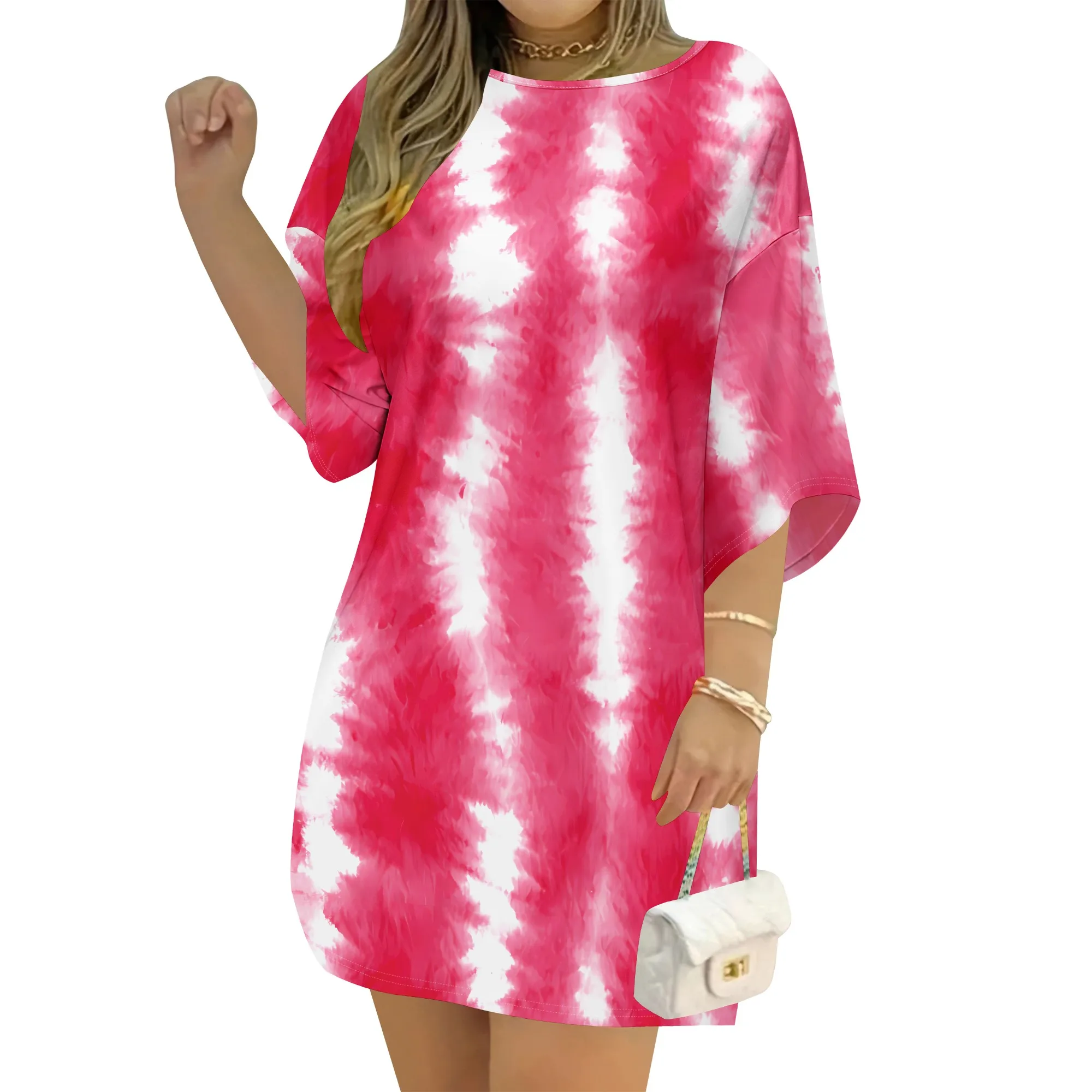 Tie Dye Short Sleeve Dress Pink White Pattern Print Tunic Loose Fit Mini Dress for Women Casual Summer Beach Vacation Wear