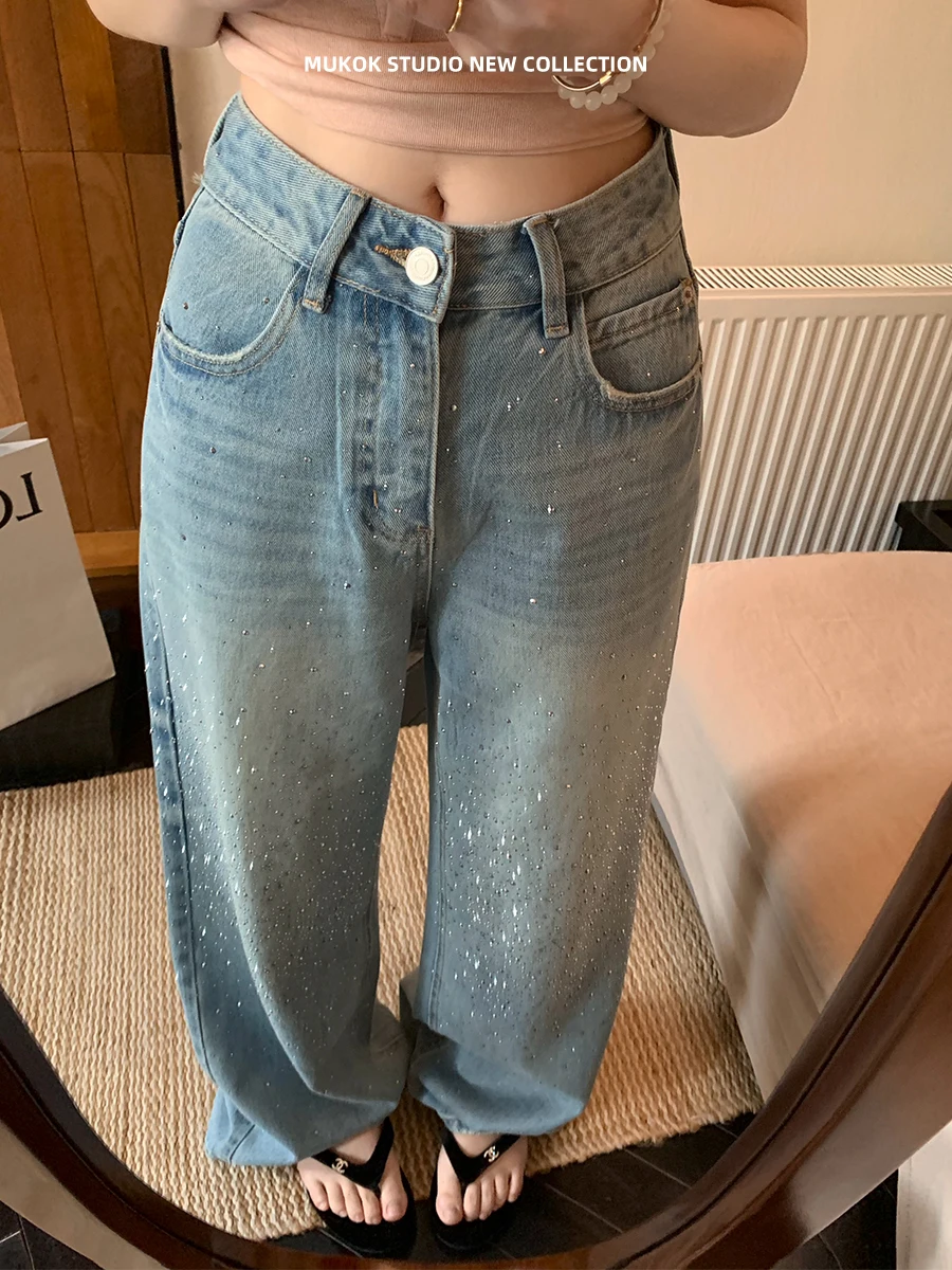 

MUKOK Vintage Blue Rhinestone Washed Straight Leg Jeans Women's Casual Slimming Small Size Wide Leg Jeans Spring Autumn