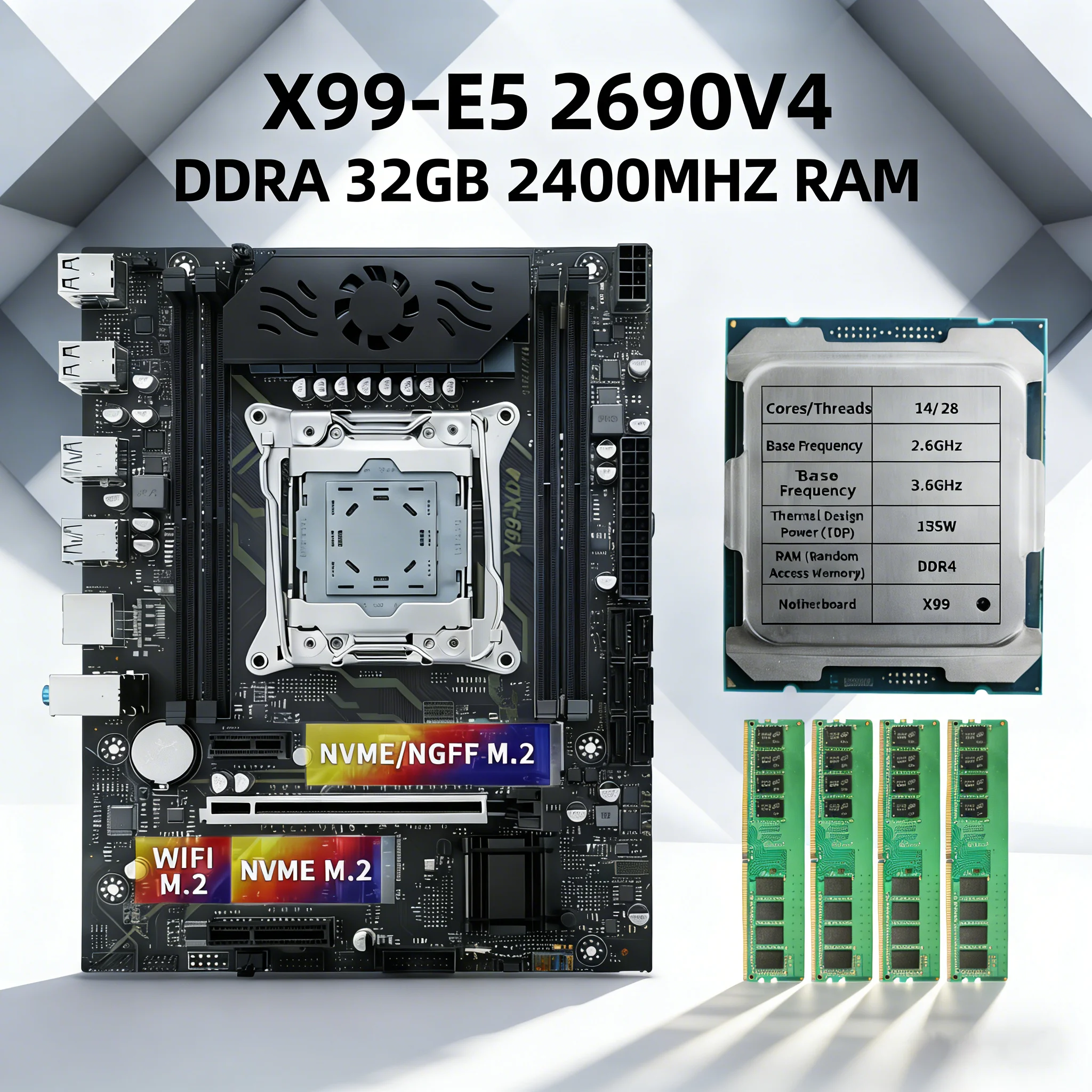 X99 Motherboard Kit E5-2690V4 14-Core 32GB DDR4 USB3.0 SATA3.0 High-Performance PC Assembly Kit
