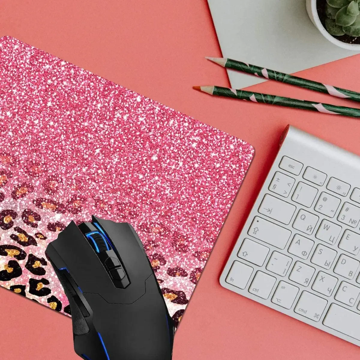 Mouse Pad,Cute Pink Faux Glitter Leopard Computer Mouse Pads Desk Accessories Non-Slip Rubber Base,Mousepad for Laptop Mouse