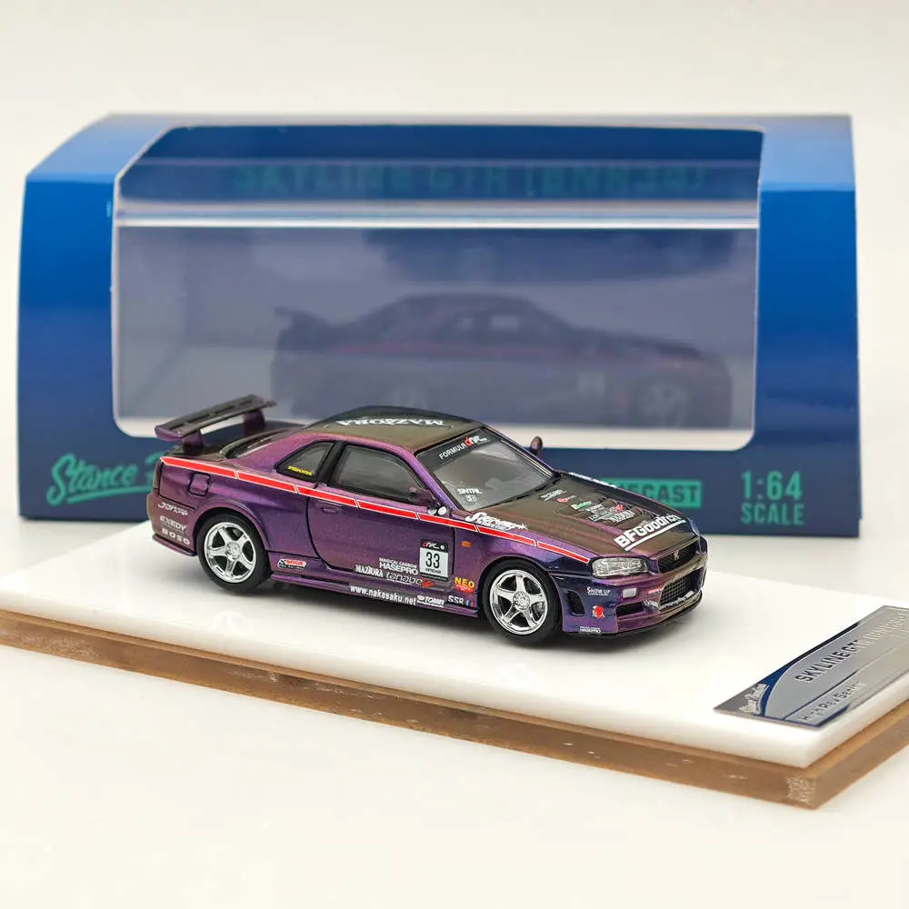 

Модель спортивной машины SH GTR R34 из сплава 1:64 Масштаб, Классические игрушки для взрослых, ностальгия, сувенирные украшения, подарки, статический дисплей