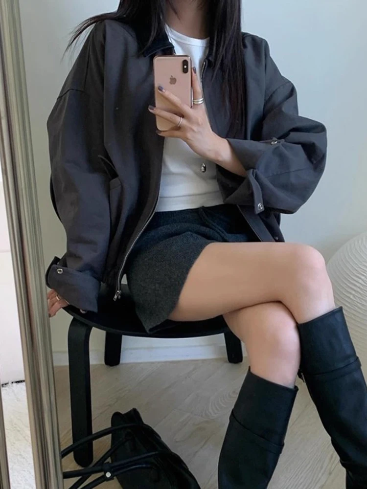 Chaqueta Corta de Cuero PU para Mujer, Estilo Casual, Hoada, con Cuello en Contraste de Color, Manga Larga, para Otoño, Est...