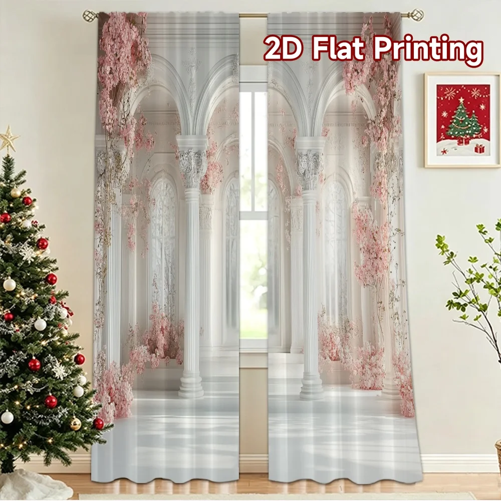 2D flat 2pcs Curtain Vintage drapes and curtains Spring Blossom Arches Digitally printed polyester, colorfast Party & Holiday