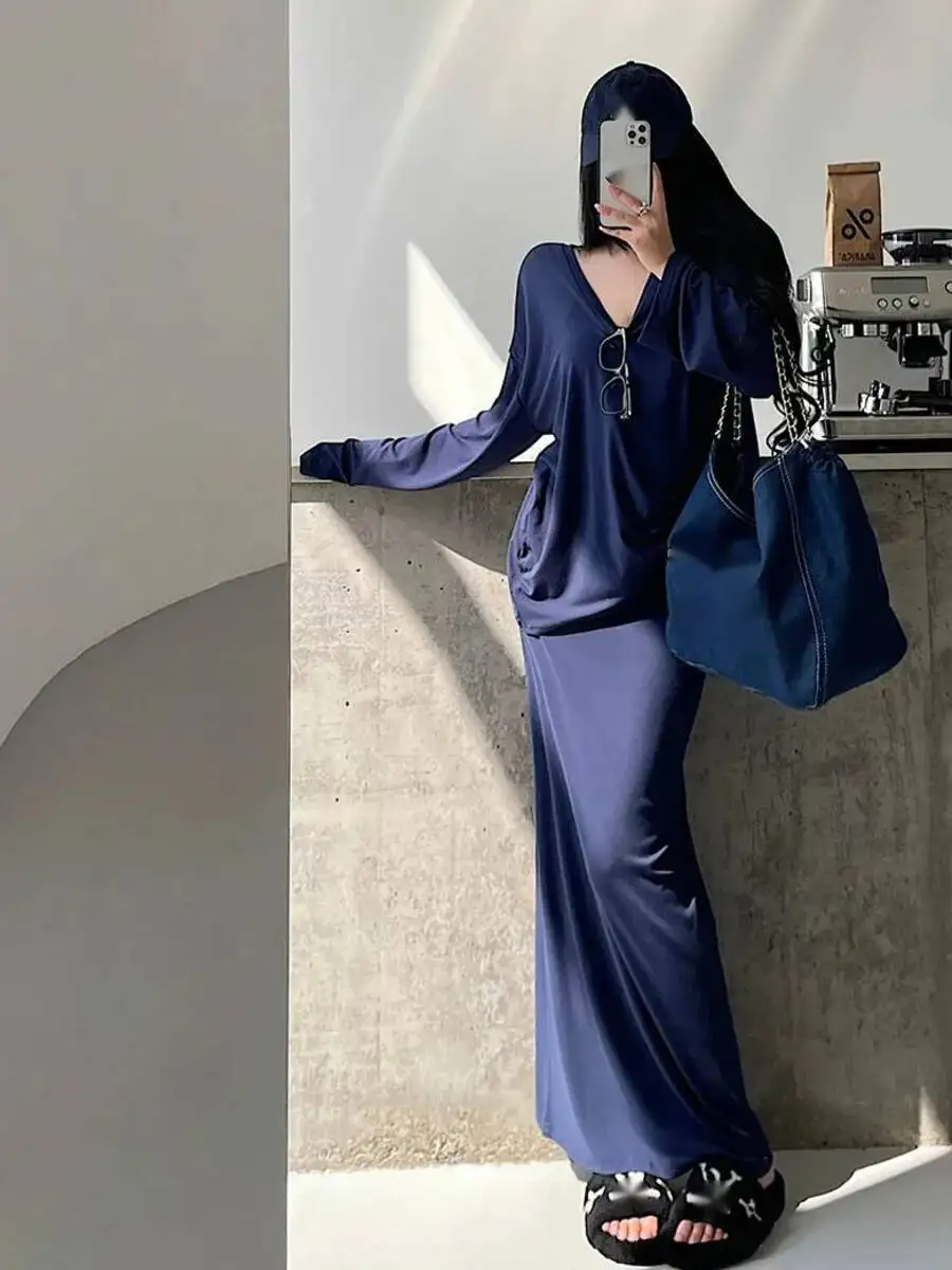 كسول نمط كبير الخامس الرقبة فضفاض تي شيرت عالية الخصر طويل الحلو موضة المرأة فستان أنيق 2025 جديد الحلو القمم موضة 7IZY