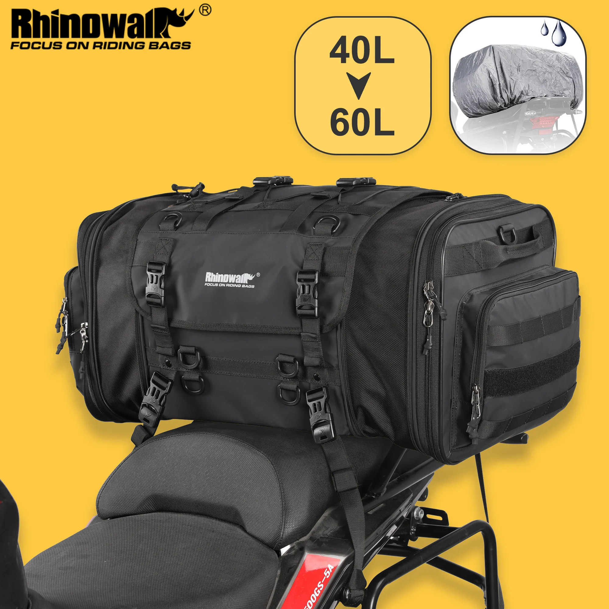 Rhinowalk Motorcycle Rear Seat Bag 19L-26L/40L-60L Expandable Waterproof Motorbike Saddlebag Large Capacity Outdoor Travel Pack