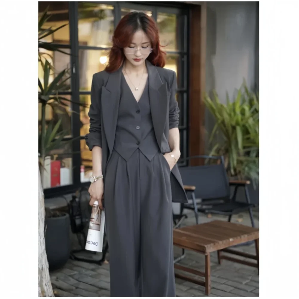 Fashion Chic Gray White Black Women Suit Double Breasted 3 Piece Jacket Vest Pants Female Clothing Formal Office Lady Blazer Set