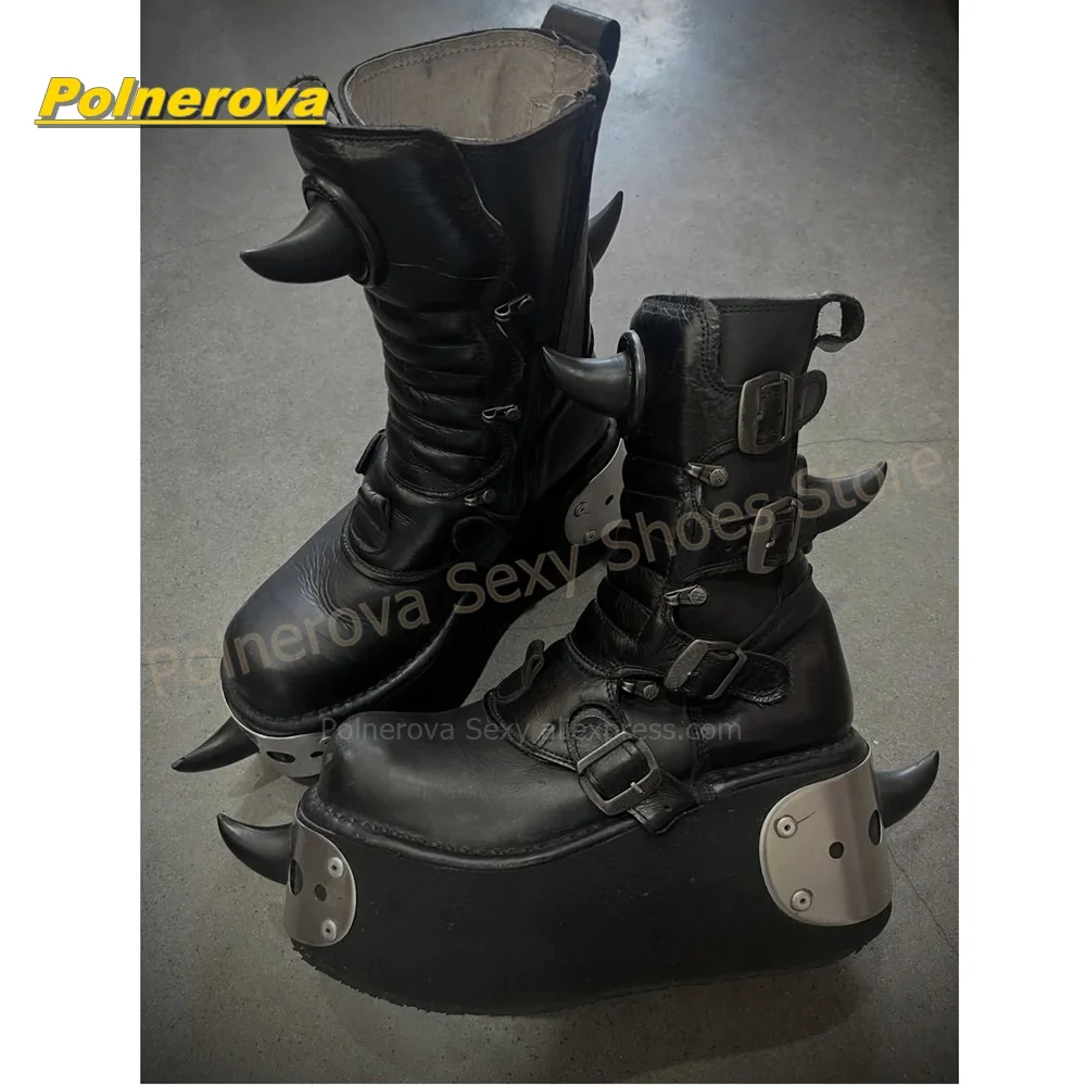 Punk Black Devil Horn Platform Booties Round Toe Multi Buckle Details Side Zip Mid Calf Boots Street Style Couple Shoes 2026