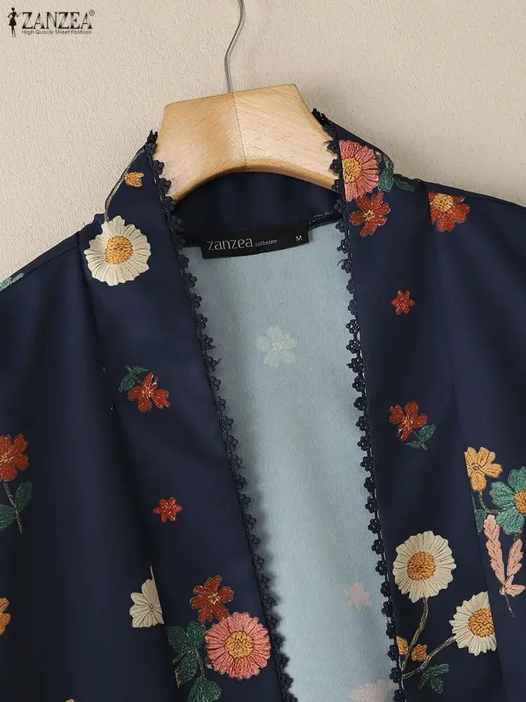 ZANZEA dentelle Patchwork imprimé fleuri Cardigans pour femme décontracté à manches longues chemises ouvertes devant 2025 automne mode vêtements quotidiens