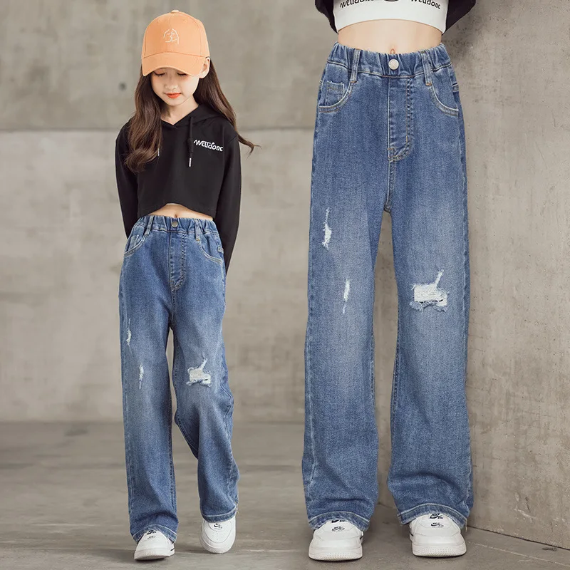 Jeans a gamba larga per neonate primavera autunno pantaloni da bambina di taglia media a grande pantaloni da bambina versatili a tubo dritto sottile