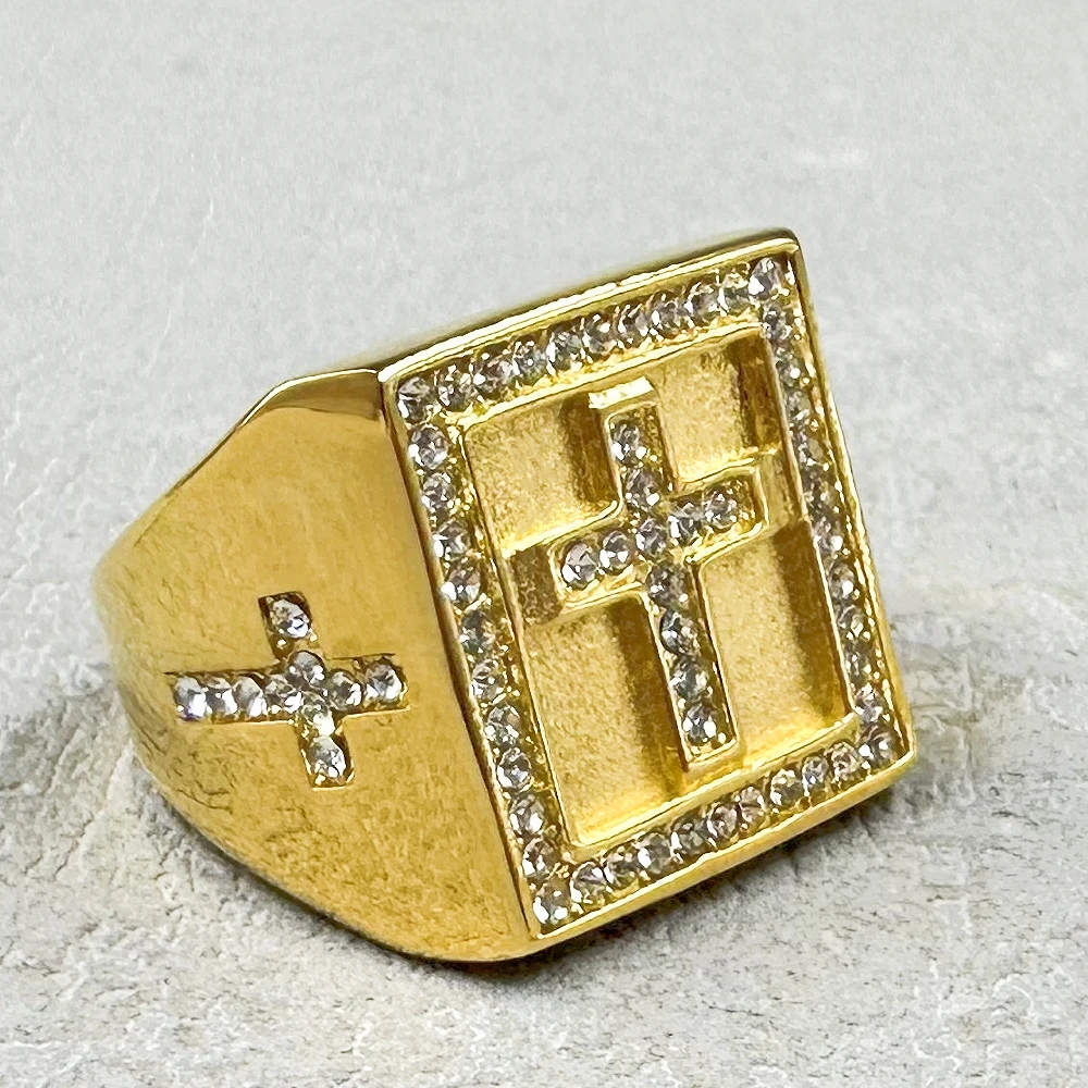 Hip hop Punk Christ Cross Chunky Ring luxury for Men Women 316L Stainless Steel With Rhinestone Religion Prayer Male  Jewelry
