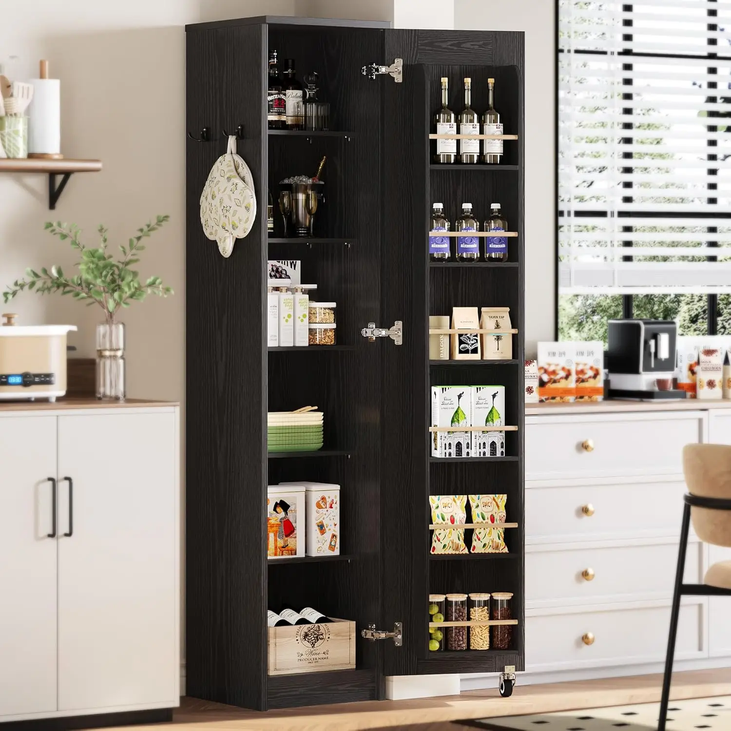 

Narrow Kitchen Pantry Storage Cabinet, 72" Slim Single Door with 6 Adjustable Shelves, Door Rack and Wheels, Space Saving Frees