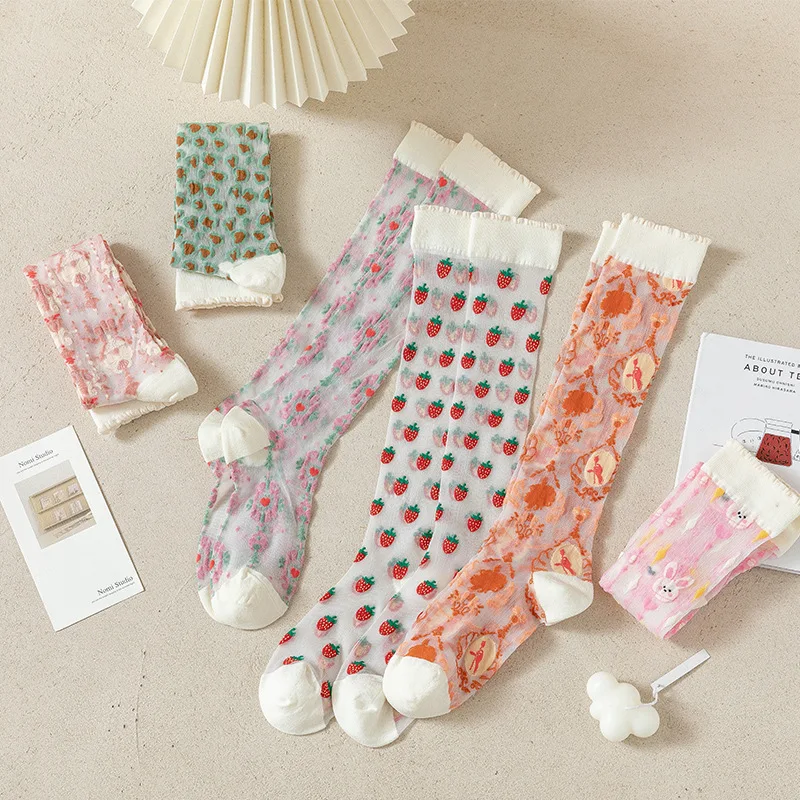 

1/6 pairs New summer thin cartoon women socks elegant simple knee length long socks fashionable versatile women's socks