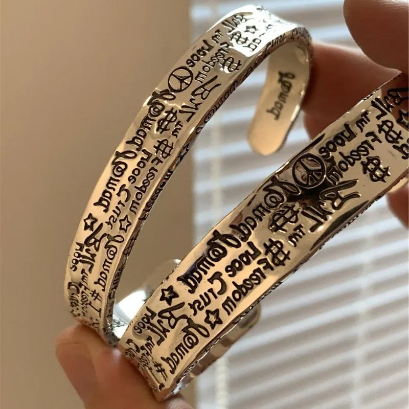 Vintage Engraved Plated Silver Thai Silver Bangle, Retro Graffiti Design, Minimalist Luxury Unique Ins Style Bracelet for Couple