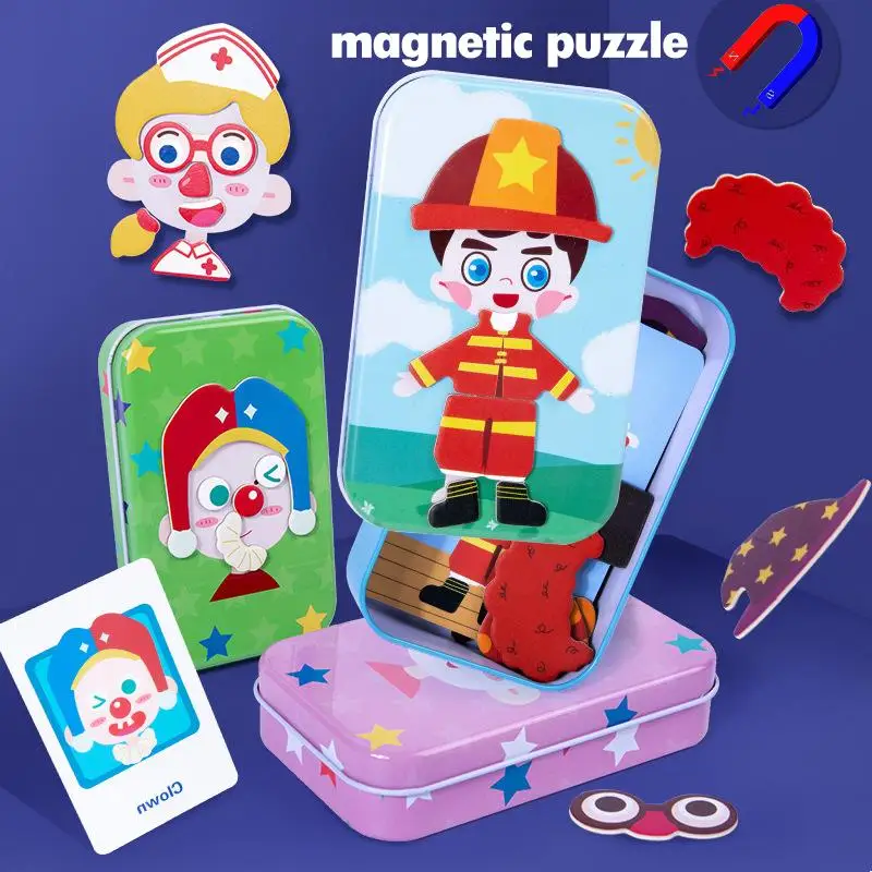 Quebra-cabeça 3d magnético crianças vestir-se expressão viagem caixa de lata jogo educação precoce imaginação brinquedos presentes para meninas