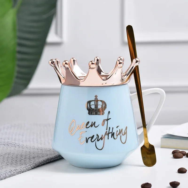 Creative Crown Mug,Multi Color mugs with spoon lid Coffee Milk Cup Cute Ceramic Mug 300ml Capacity Water Cups X-Mas Gift