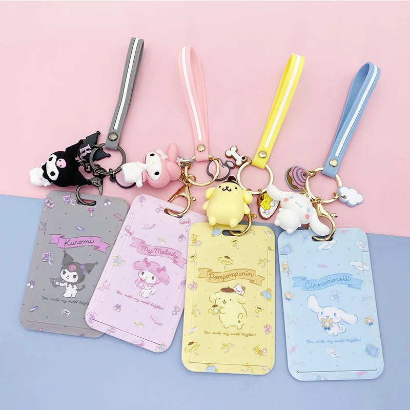 Sanrio Card Holder Keychain Kuromi Cinnamoroll Doll Cartoon My Melody Sliding Card Sleeve Student ID Meal Bus Cards Credit