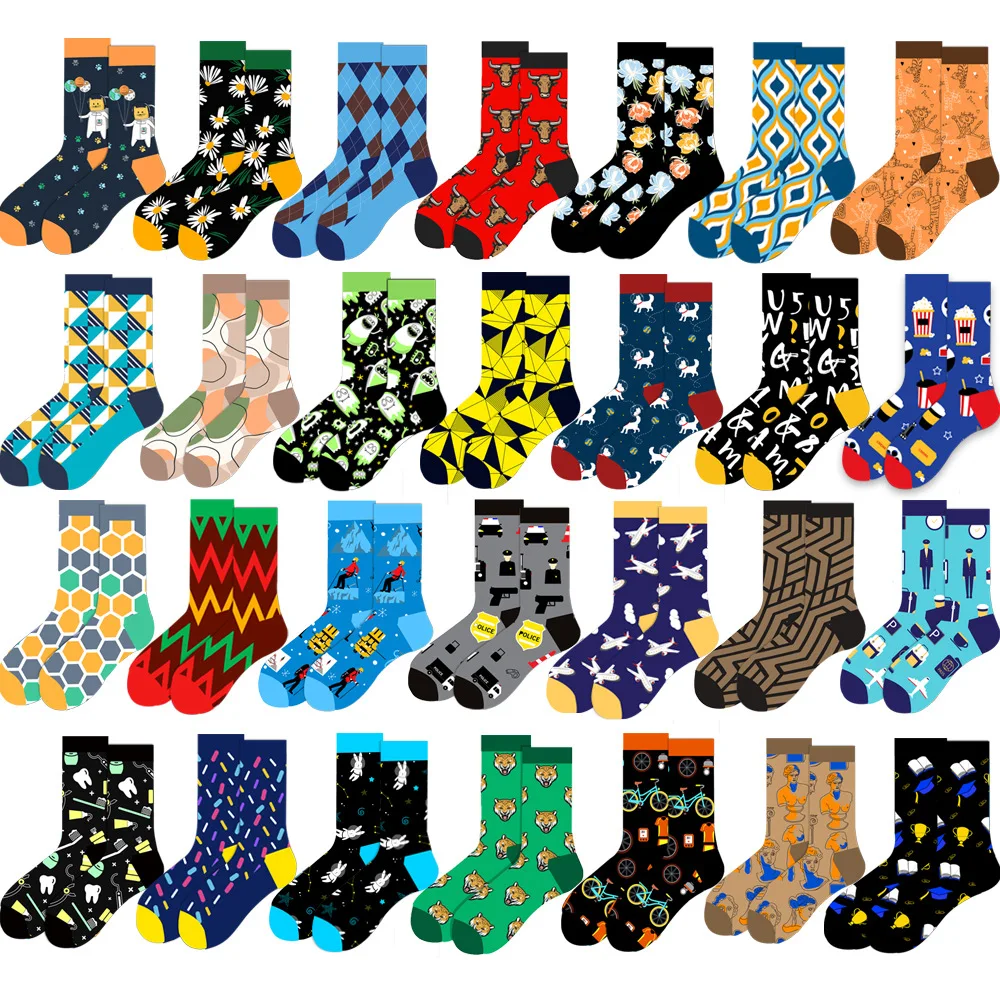 Chaussettes Géométriques pour Hommes et Femmes, à la Mode, Animal Créatif, Amusant, Police, Tube Moyen, Fleur, Harajuku