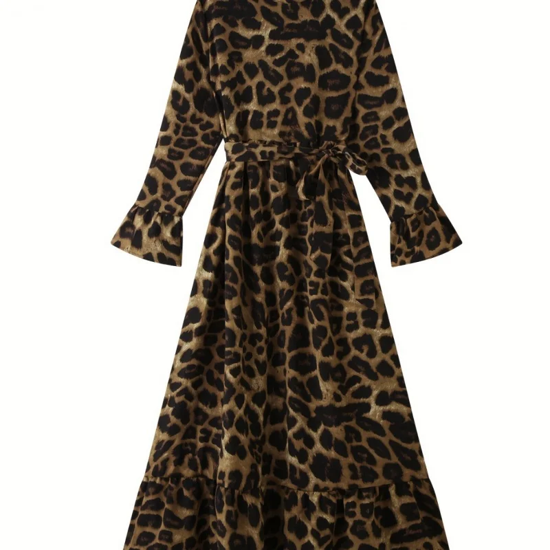 Cross-Border Real Shot Leopard Print Long Sleeve Fashion Women's Wear Printed Temperament Middle East Turkish Robe Cross-Border