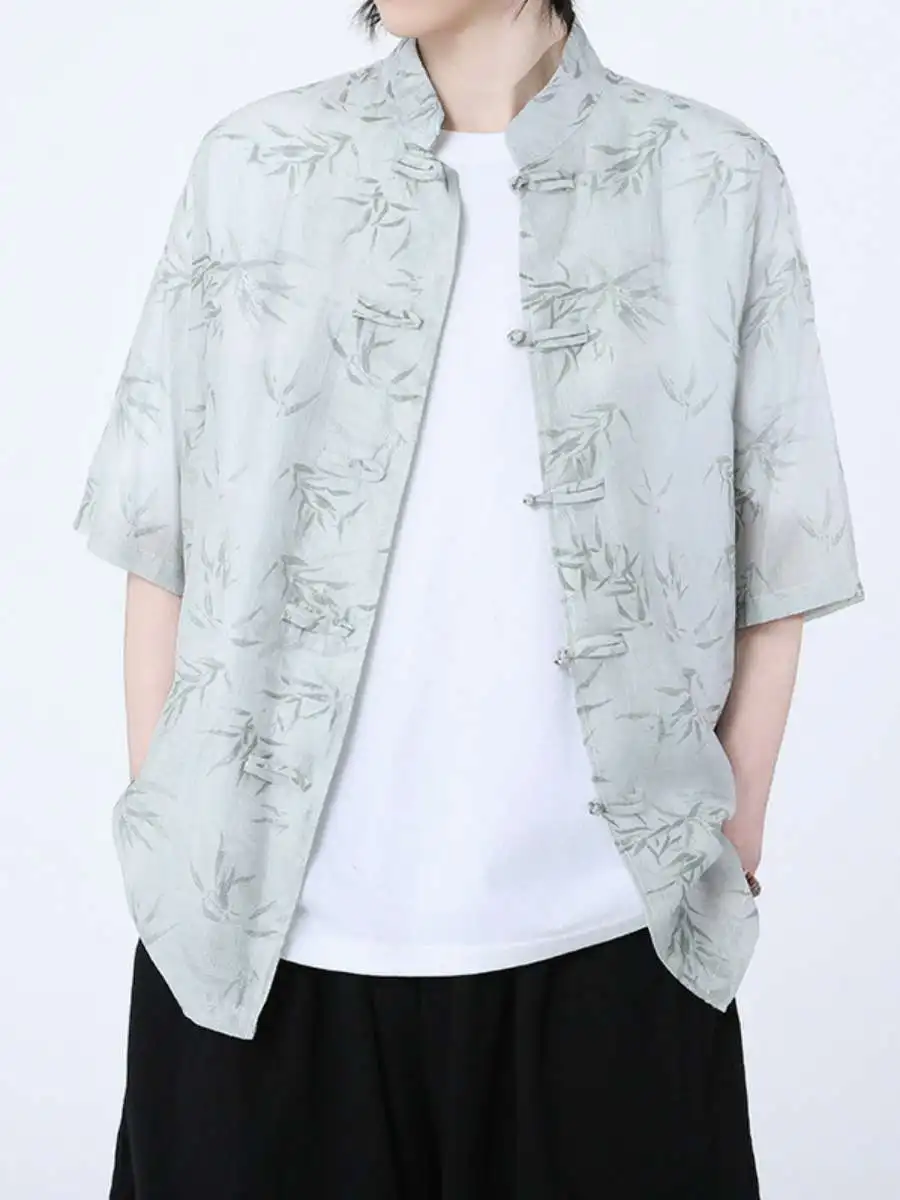 

Весенне-летняя новая рубашка в китайском стиле с принтом бамбуковых листьев, легкая, большого размера, модная, с защитой от солнца, с коротким рукавом, повседневная рубашка