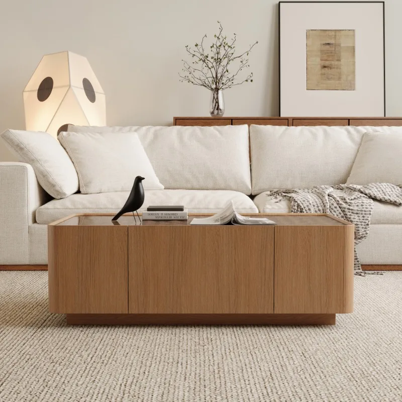 46.8-Inch mid-century modern style glass countertop coffee table, rectangular center table with hidden storage drawers