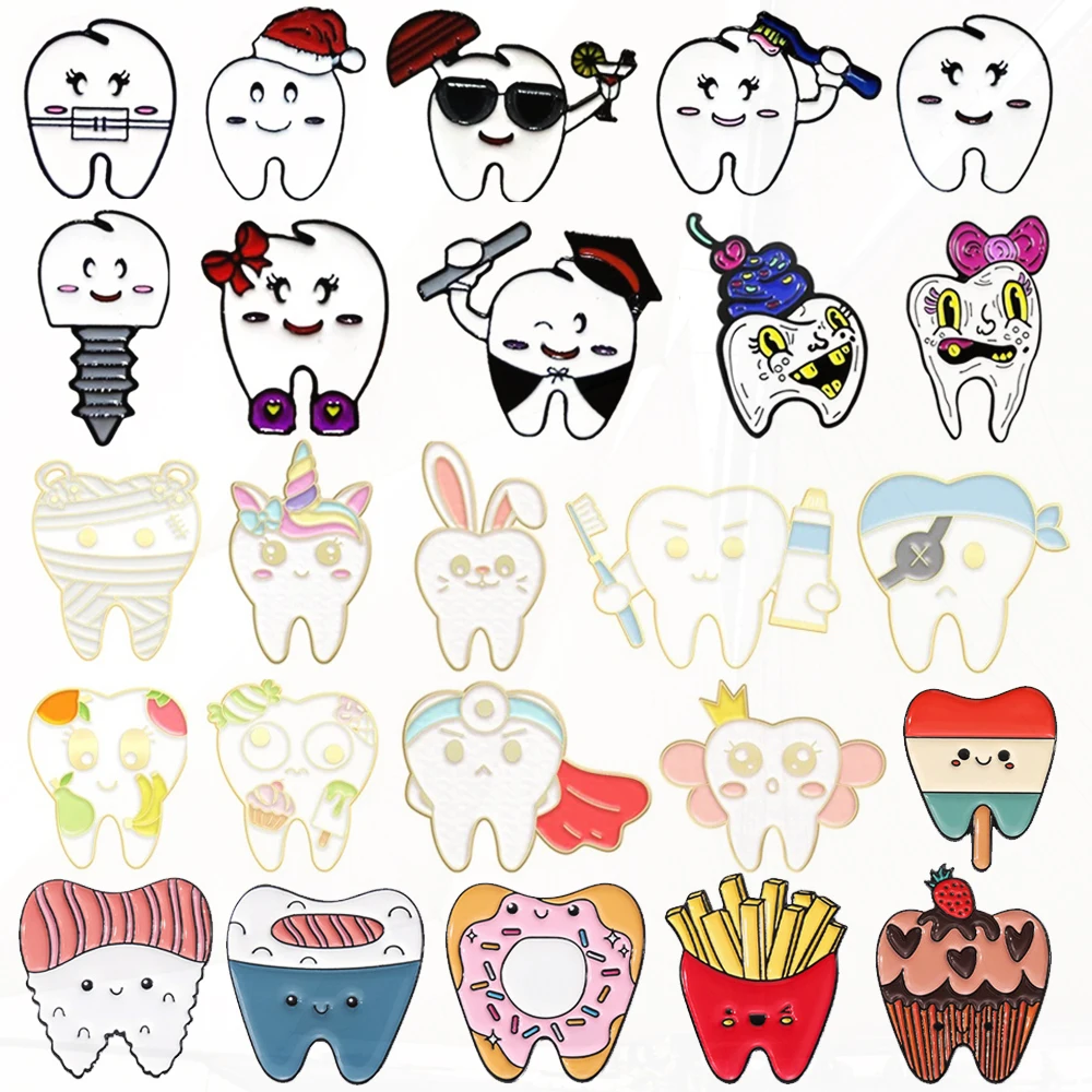 Screw Fruit Repairman Red Flag Unicorn Crown Healthy Tooth Badge Punk Metal Brooch Jewelry Gift Cute Tooth Pin Bow Tooth Doctor