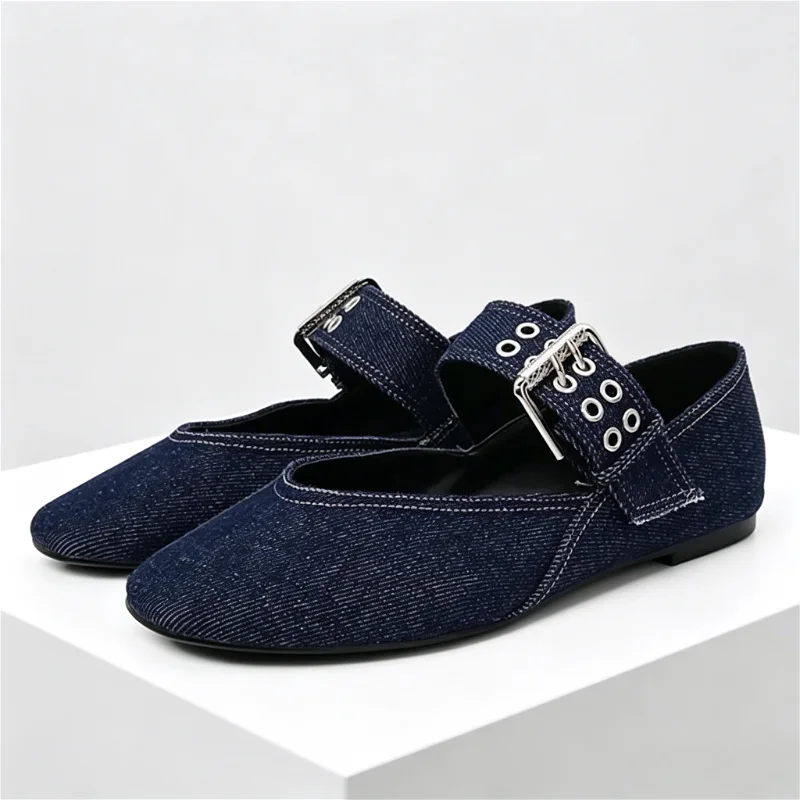 Denim Blue Flat Ballet Flats Women Fashion Metal Buckle Strap Design Flats Shoes Light Breathable Mary Jane Shoe Designer Shoes