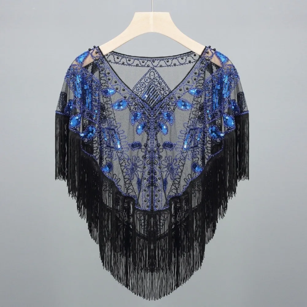 New Mesh Wrap Sequined Shawl Sheer See Through With Tassel Flapper Shawl Tulle Shawl Cloak Cape Cover Up Women